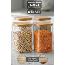 Meleni Home 4'lü Bambu Kapak Aura Kare Saklama Kabı - 1400 ml Hava Almaz Vakum Kapaklı Erzak Bakliyat Un Kabı