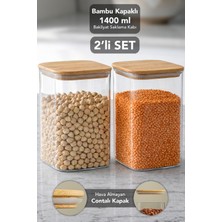 Meleni Home 2'li Bambu Kapak Aura Kare Saklama Kabı - 1400 ml Hava Almaz Vakum Kapaklı Erzak Bakliyat Un Kabı