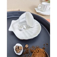 Elta Collection 2 Kişilik Porselen Türk Kahve Fincan Takımı–istiridye Desenli Tabak–gerçek Gümüş Yaldızlı