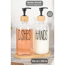 Meleni Home 2'li Cam Sıvı Sabunluk Seti - Bambu Standlı Bulaşık Deterjanlık Şeffaf Sıvı Sabun Şişesi 500+500ML