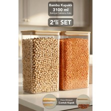 Meleni Home 2'li Bambu Kapak Aura Dikdörtgen Saklama Kabı - Vakum Kapaklı Hava Almaz Bakliyat Un Kabı 3100 ml