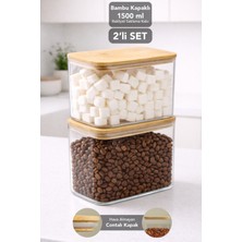 Meleni Home 2'li Bambu Kapak Aura Dikdörtgen Saklama Kabı - Vakumlu Hava Almaz Kapak Erzak Bakliyat Kabı 1,5 Lt