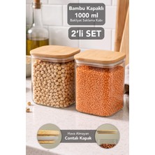 Meleni Home 2'li 1 Litre Bambu Kapak Aura Kare Saklama Kabı - Vakum Kapaklı Hava Almaz Bakliyat Erzak Kabı