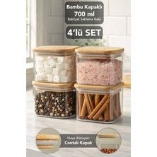 Meleni Home 4'lü Bambu Kapak Aura Kare Saklama Kabı - 700 ml Vakumlu Hava Almaz Kapak Kahve Çay Baharat Kabı