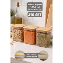 Meleni Home 3'lü 1 Litre Bambu Kapak Aura Kare Saklama Kabı - Vakum Kapaklı Hava Almaz Bakliyat Erzak Kabı