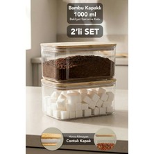 Meleni Home 2'li Bambu Kapak Aura Dikdörtgen Saklama Kabı - Vakum Kapak Hava Almaz Bakliyat Erzak Kabı 1 Litre