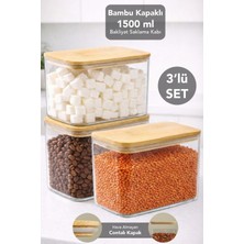Meleni Home 3'lü Bambu Kapak Aura Dikdörtgen Saklama Kabı - Vakumlu Hava Almaz Kapak Erzak Bakliyat Kabı 1,5 Lt