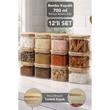Meleni Home 12'li Bambu Kapak Aura Kare Saklama Kabı - 700 ml Vakumlu Hava Almaz Kapak Kahve Çay Baharat Kabı