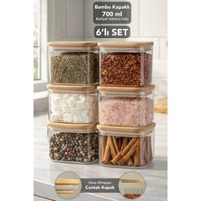 Meleni Home 6'lı Bambu Kapak Aura Kare Saklama Kabı - 700 ml Vakumlu Hava Almaz Kapak Kahve Çay Baharat Kabı