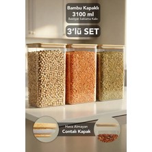 Meleni Home 3'lü Bambu Kapak Aura Dikdörtgen Saklama Kabı - Vakum Kapaklı Hava Almaz Bakliyat Un Kabı 3100 ml