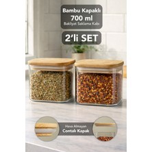 Meleni Home 2'li Bambu Kapak Aura Kare Saklama Kabı - 700 ml Vakumlu Hava Almaz Kapak Kahve Çay Baharat Kabı