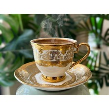 Elta Collection Vivanco 24K Altın Işlemeli 6 Kişilik Porselen Kahvesi Fincan Seti Tabak Takımı