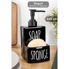 Meleni Home Seramik Süngerlikli Sıvı Sabunluk - 500 ml Süngerli Bulaşık Deterjanlık Sıvı Sabun Şişesi Siyah