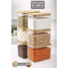 Meleni Home 6'lı Bambu Kapak Aura Dikdörtgen Saklama Kabı - Vakumlu Hava Almaz Kapak Erzak Bakliyat Kabı 1,5 Lt