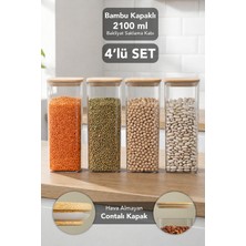 Meleni Home 4'lü Bambu Kapak Aura Kare Saklama Kabı - 2100 ml Vakum Kapaklı Hava Almaz Un Erzak Bakliyat Kabı