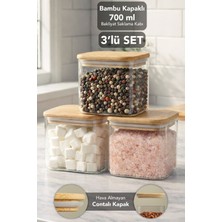 Meleni Home 3'lü Bambu Kapak Aura Kare Saklama Kabı - 700 ml Vakumlu Hava Almaz Kapak Kahve Çay Baharat Kabı