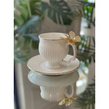 Elta Collection 6 Kişilik Gold Kelebek Detaylı Porselen Kahve Fincanı ve Tabağı Seti Lüks Türk Kahvesi Fincanı