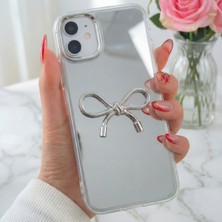Fibaks Apple iPhone 11 Uyumlu Kılıf Aynalı Gümüş 3D Fiyonk Desenli Darbe Emici Silikon Kapak