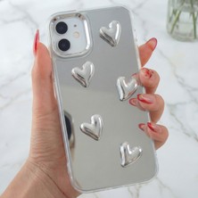 Fibaks Apple iPhone 11 Uyumlu Kılıf Aynalı Gümüş 3D Kalp Desenli Darbe Emici Silikon Kapak