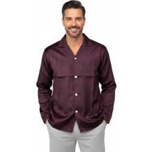 Oppland Erkek Klasik Model Saten Gecelik Gömlek Premium Ipeksi Saten Kumaş Desenli Cepli Tam Kalıp