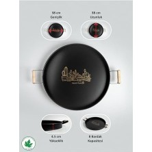 Lin Metal 37CM Ahşap Kulplu Siyah Metal Tepsi Yuvarlak Çay Tepsisi Sunum Tepsisi Tahta Kulplu Kahve Tepsisi