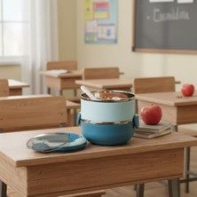 Paslanmaz Çelik 2 Katlı Yemek Termosu, 1.4 Lt Çelik ve Plastik Dış Yüzey, Beslenme Kabı, Öğle Yemeği Kutusu, Çatal Kaşık Bölmeli, Isı Koruyucu, Sızdırmaz, Okul, Ofis, Piknik Için Ideal (Mavi)