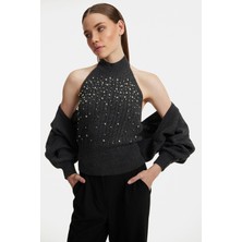 Shemall Luxury Kadın Triko Halter Yaka Bluz-Hırka 2'li Takım