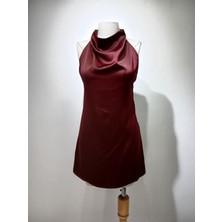 Saten Bordo Mini Elbise