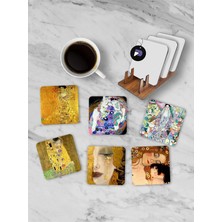 (PSTER21248) Gustav Klimt Temalı Standlı Ahşap Bardak Altlığı Seti, 6 Adet Baskılı Bardak Fincan Kahve Altlığı