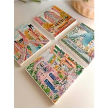 ve Yaz Avrupa Şehir Temalı Taş Bardak Altlıkları - 4’lü Set Çiçekli ve Renkli