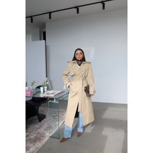 Özge Özgenç Kruvaze Yaka Kendinden Kuşaklı Premium Trenç