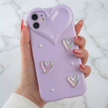 Fibaks Apple iPhone 11 Kılıf Kalpli Inci Desenli Kalp Kamera Tasarımlı Lila Kamera Korumalı Silikon Kapak