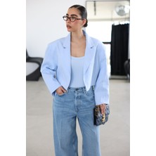 %100 Keten Geniş Yaka Crop Ceket