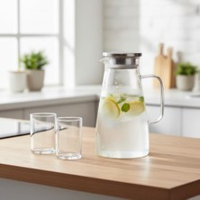 Borosilikat Cam Sürahi - Silikon Contalı Süzgeçli Metal Kapaklı | Konik, Fitilli ve Düz Model Seçenekleri | Dayanıklı Şeffaf Karaf (1800 ml - 2000 Ml) (Konik - 1800ML)