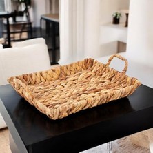 El Yapımı Su Sümbülü Hasır Kulplu Dekoratif Tepsi Büyük Boy (32CM*25CM*4CM)