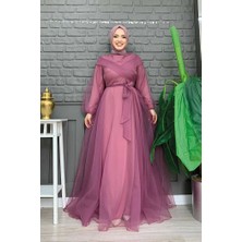 Bym Fashion Omuz Şerit Detay Bel Bağlamalı Tül Abiye Elbise 3964 Lila