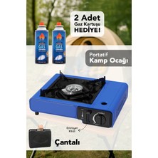 Meleni Home Portatif Kamp Ocağı - Taşıma Çantalı Gazlı Stop Emniyetli Mavi Kamp Ocağı ve 2 Adet 227 gr Kartuş