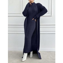 We&Me Kadın Triko Uzun Elbise Fitilli Saç Örgü Desen Boğazlı Slim Kalıp