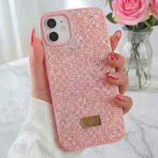 Apple iPhone 12-12 Pro Kılıf Içi Kadife Elmas Tasarımlı Pembe Taşlı Işıltılı Pırlanta Silikon Kapak