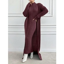 We&Me Kadın Triko Uzun Elbise Fitilli Saç Örgü Desen Boğazlı Slim Kalıp