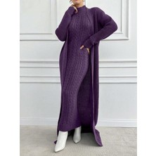 We&Me Kadın Triko Uzun Elbise Fitilli Saç Örgü Desen Boğazlı Slim Kalıp