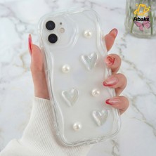 Fibaks Apple iPhone 12-12 Pro Kılıf Tasarımlı Desenli Kamera Korumalı 3D Kalpli ve Inci Tasarımlı Şeffaf Silikon Kapak