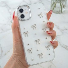 Fibaks Apple iPhone 12-12 Pro Kılıf Fiyonk Desenli Şeffaf Simli Gümüş Kamera Çıkıntılı Parlak Kapak