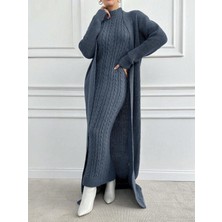 We&Me Kadın Triko Uzun Elbise Fitilli Saç Örgü Desen Boğazlı Slim Kalıp