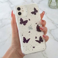 Fibaks Apple iPhone 12 Uyumlu Kılıf Simli Siyah Kelebek Desenli Renkli Parlak Darbe Emici Kapak