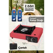 Meleni Home Portatif Kamp Ocağı - Taşıma Çantalı Gazlı Stop Emniyetli Kırmızı Kamp Ocağı ve 2 Adet 227 gr Kartuş