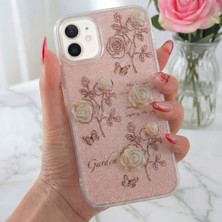 Fibaks Apple iPhone 12 Uyumlu Kılıf Simli Beyaz Gül Desenli Renkli Parlak Darbe Emici Kapak