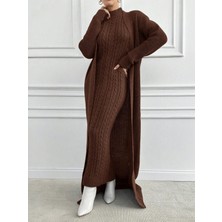 We&Me Kadın Triko Uzun Elbise Fitilli Saç Örgü Desen Boğazlı Slim Kalıp