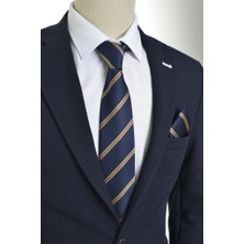 Brianze 8 Cm Lacivert Vizon Çizgili Kravat %100 Microfiber Şık Mendilli Tasarım