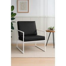 Azra Mobilya Iskandinav Deri Berjer – Beyaz Metal Ayaklı Modern Tekli Koltuk - Siyah